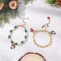 2pcs 2 styles de bracelets à breloques en alliage émaillé sur le thème de Noël et ensembles de bracelets à chaîne en fer avec trombone&nbsp;BJEW-JB12443-03