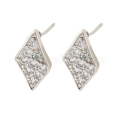 Pendientes de botón con micro pavé de latón y circonita cúbica transparente en forma de rombo para mujer&nbsp;EJEW-G428-16P
