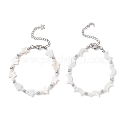 Bracelet à maillons en coquillage blanc naturel avec étoile et lune (2 pièce)&nbsp;BJEW-JB13283