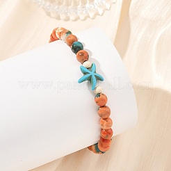2 Stück 2 Farben Sommer Strand rund synthetisches Ozeanweiß Jade & Seestern gefärbtes türkis perlenbesetztes Stretch-Armband-Set&nbsp;BJEW-JB14185