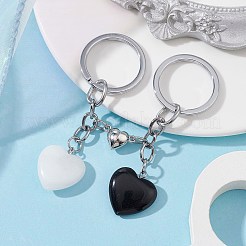 Porte-clés en pierre noire naturelle et cœur en jade blanc naturel&nbsp;KEYC-JKC00548