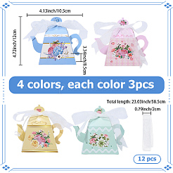 12 stücke 4 arten blume gedruckt 3d teekanne geformt papier süßigkeiten geschenk boxen mit band&nbsp;DIY-SP0006-38
