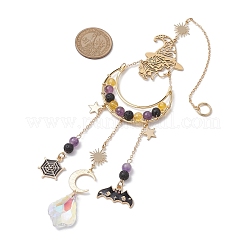 Halloween améthyste naturelle et pierre de lave et perles de citrine synthétiques et ornements suspendus de sorcière et de lune en métal&nbsp;HJEW-TA00251