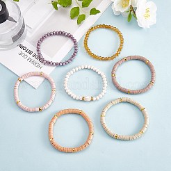 7 pièces 7 style fait à la main en argile polymère heishi surfeur ensemble de bracelets extensibles&nbsp;BJEW-SW00073-04