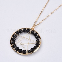 Colliers pendentif perles en obsidienne naturelle&nbsp;NJEW-JN02480-01