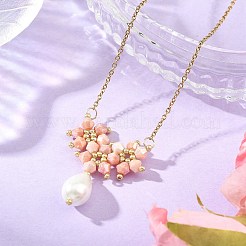 Collana con ciondolo a goccia di fiore con perline di vetro galvanizzate e catena a maglie in acciaio inossidabile 304&nbsp;NJEW-MZ00156