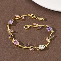 Messing-Armbänder mit Mikropavé und Zirkonia in Oval- und Blattform für Damen&nbsp;BJEW-G764-05G-01