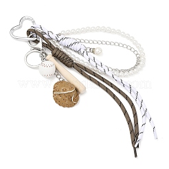 Adornos colgantes de cuerda de poliéster con cuentas redondas de perlas de ABS y cuero sintético de béisbol.&nbsp;HJEW-JM04381