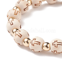 Bracciale elastico con perline in legno ed ematite sintetica con ciondoli a croce in ottone&nbsp;BJEW-JB08488