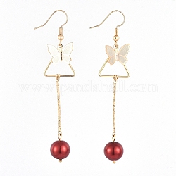 Dangle Earrings, with Glass Pearl Round Beads, Iron Bar Links, Brass Pendant and Earring Hooks, Butterfly & Triangle, Red, 77mm, Pin: 0.7mm