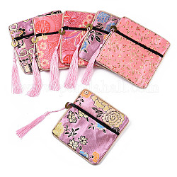 Chinese Brocade Tassel Zipper Jewelry Bag Gift Pouch, Square with Flower Pattern, Pink, 11.5~11.8x11.5~11.8x0.4~0.5cm