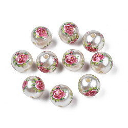 Opaque Printed Acrylic Beads, Round with Flower Pattern, Floral White, 9x9.5mm, Hole: 1.8mm