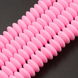 Handgemachte Fimo-Perlen Stränge, Flachrund, neon rosa , 8.5~9x3.5 mm, Bohrung: 1.6 mm, ca. 112 Stk. / Strang, 15.75 Zoll ~ 16.14 Zoll (40~41 cm)