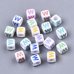 Undurchsichtige weiße Acrylperlen, mit Emaille, horizontales Loch, Würfel mit gemischtem Farbbuchstaben, letter.w, 6x6x6 mm, Bohrung: 3 mm, ca. 2900 Stk. / 500 g