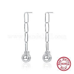 Rhodium Plated 925 Sterling Silver Round Ball Dangle Stud Earrings, Chains Tassel Earrings, Platinum, 64x12mm