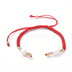 Création de bracelets de corde en nylon tressée, avec perles d'eau douce naturelles et accessoires en laiton, or, rouge, 6-7/8 pouce (17.5 cm), 4mm