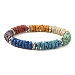Bracelet extensible perlé à disque de roche de lave naturelle teint, colorées, diamètre intérieur: 2-1/8 pouce (5.35 cm)