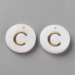 Naturali di acqua dolce pendenti shell, piatta e rotonda con la lettera, letter.c, 12x1.5mm, Foro: 1 mm