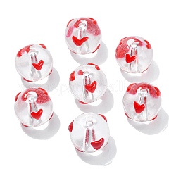 10pcs perles en émail de verre transparent, ronde avec le coeur, rouge, 13x12x11mm, Trou: 1.8mm