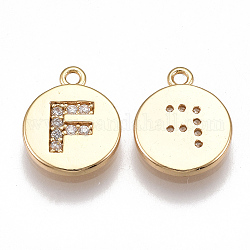 Brass Cubic Zirconia Charms, Flat Round with Letter, Nickel Free, Real 18K Gold Plated, Clear, Letter.F, 12x10x2mm, Hole: 1mm
