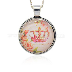 Antique Silver Tone Alloy Glass Pendants, Flat Round, Pink, 36.5x28x7~8mm, Hole: 5x4mm