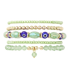 5 set di braccialetti elastici per occhi diabolici in vetro e lampwork in 5 stili, bracciale impilabile con charms rotondi, verde chiaro, diametro interno: 2-3/8 pollice (5.9 cm), 1pc / style
