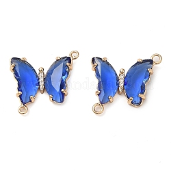 Facettierte Glasverbinder-Charms aus Messing mit Pavé-Fassung, goldfarbene Schmetterlingsglieder, Blau, 20x22x5 mm, Bohrung: 1.2 mm