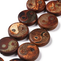 Fili di perline dzi modello yin yang stile tibetano feng shui, agata naturale perle, tinti e riscaldato, smerigliato, round piatto con yin e yang, cioccolato, 29~30.5x9~10mm, Foro: 2 mm, circa 10pcs/filo, 14.2 pollice