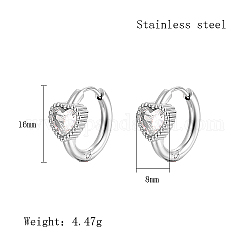 Boucles d'oreilles créoles en zircone cubique, Boucles d'oreilles en 304 acier inoxydable, cœur, 16x8mm
