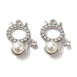 Lega con pendenti in strass, con abs imitazione perla, charms cat, platino, 23x17.5x8.5mm, Foro: 1.8 mm