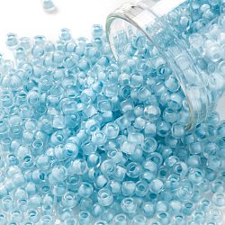 Cuentas de semillas redondas toho, Abalorios de la semilla japonés, (976) color interior cristal / neón azul hielo forrado, 8/0, 3mm, agujero: 1 mm, aproximamente 1110 unidades / 50 g