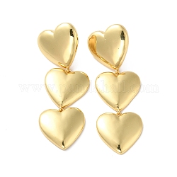 Aretes colgantes largos de corazón triple de latón chapado de larga duración para mujer, sin plomo y cadmio, real 18k chapado en oro, 61x20mm, pin: 1 mm