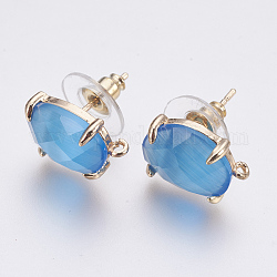 Faceted Glass Stud Earring Findings, with Loop, Light Gold Plated Brass Findings, Oval, Deep Sky Blue, 14x10x5mm, Hole: 1mm, Pin: 0.8mm