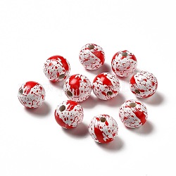 Perles en bois naturel imprimées sur le thème d'halloween, rond avec motif sanguin, rouge, 16x14.5mm, Trou: 3.5mm