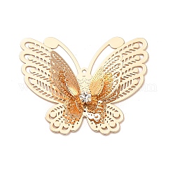 Colgantes de latón, con diamante de imitación, encanto de mariposa, la luz de oro, 35.5x43.5x6mm, agujero: 1.2 mm