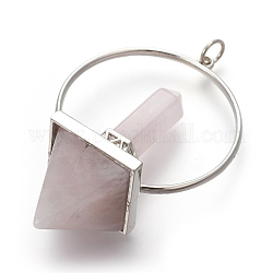 Gros pendentifs en quartz rose naturel, avec les accessoires en laiton de tonalité de platine, pyramide, 62~63x4.1x2mm, Trou: 5mm