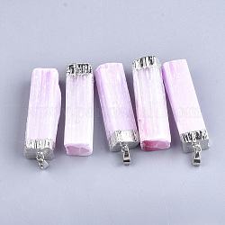 Colgantes grandes de selenita natural electrochapado, con fornituras de hierro, teñido, Rectángulo, Platino, rosa perla, 53~55x14~19x9~16mm, agujero: 7x4 mm