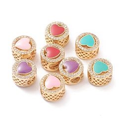 Brass Enamel European Beads, Large Hole Beads, Long-lasting Plated, with Micro Pave Clear Cubic Zirconia, Flat Round with Heart, Real 18K Gold Plated, Mixed Color, 11x8mm, Hole: 4.5mm