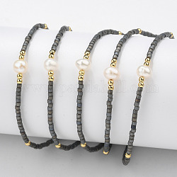 Adjustable Nylon Cord Braided Bead Bracelets, with Japanese Seed Beads and Pearl, Gray, 2 inch~2-3/4 inch(5~7.1cm)