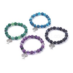 Bracelets à breloques extensibles en perles rondes en pierre de lave naturelle (teintes), avec agate à rayures naturelles / perles d'agate à bandes, Pendentif en alliage, arbre, couleur mixte, 2-1/8 pouce (54 mm)