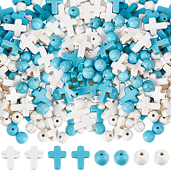 Sunnyclue 200 pièces 4 styles kits de perles de bricolage, y compris turquoise synthétique et perles de magnésite, croix et ronde, mélangé teint et non teint, 8~16x8~12x3.5~8mm, Trou: 1mm, 50 pièces / style