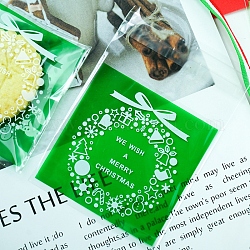 Sacchetti di biscotti in plastica autoadesivi quadrati a tema natalizio, per la cottura di sacchetti di imballaggio, modello di corona di natale, verde, 70x70 mm (sotto la cerniera), spessore unilaterale: 4 mil