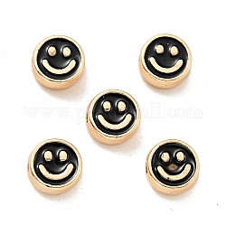 Legierung Emaille-Perlen, golden, flach rund mit lächelndem Gesicht, Schwarz, 8x4 mm, Bohrung: 1.6 mm