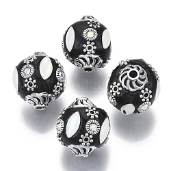 Handmade Indonesia Beads, with Polymer Clay, Alloy Bead Caps, Alloy Findings and Resin Cabochons, Oval, Antique Silver, Black, 17~18x15~16mm, Hole: 2mm