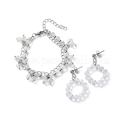 Boucles d'oreilles pendantes en perles de verre mariées et bracelet multi-rangs, ensemble de bijoux en laiton pour femme, clair ab, 170mm, 40mm, pin: 0.6 mm