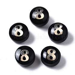 Handmade Lampwork Beads, Golden Metal Enlaced, Flat Round with Number 8, Black, 5.5x8mm, Hole: 1mm