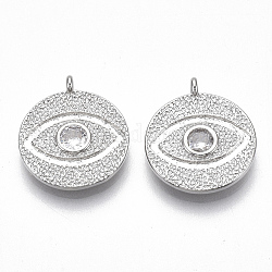 Brass Micro Pave Cubic Zirconia Pendants, Textured Flat Round with Eye, Nickel Free, Clear, Real Platinum Plated, 18x16x2.5mm, Hole: 1.4mm