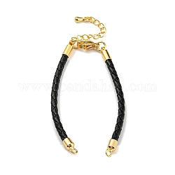 Leather Braided Cord Link Bracelets, Fit for Connector Charms, with Long-Lasting Plated Rack Plating Colden Tone Brass Lobster Claw Clasp & Chain Extender, Black, 6x1/8 inch(15.2cm), Hole: 2mm