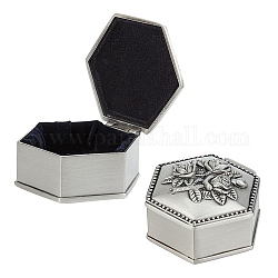 European Classical Princess Jewelry Boxes, Alloy Carved Rose Jewelry Boxes, for Craft Gift, Polygon, Antique Silver, 5.55x5.8x3.3cm