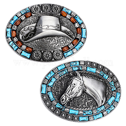 Ahadermaker 2 pièces 2 boucles lisses en alliage de zinc de style, attache de ceinture pour hommes, avec turquoise synthétique, ovale avec chapeau de cowboy et cheval, gunmetal, 73.5~75x99~101x28mm, 1pc / style